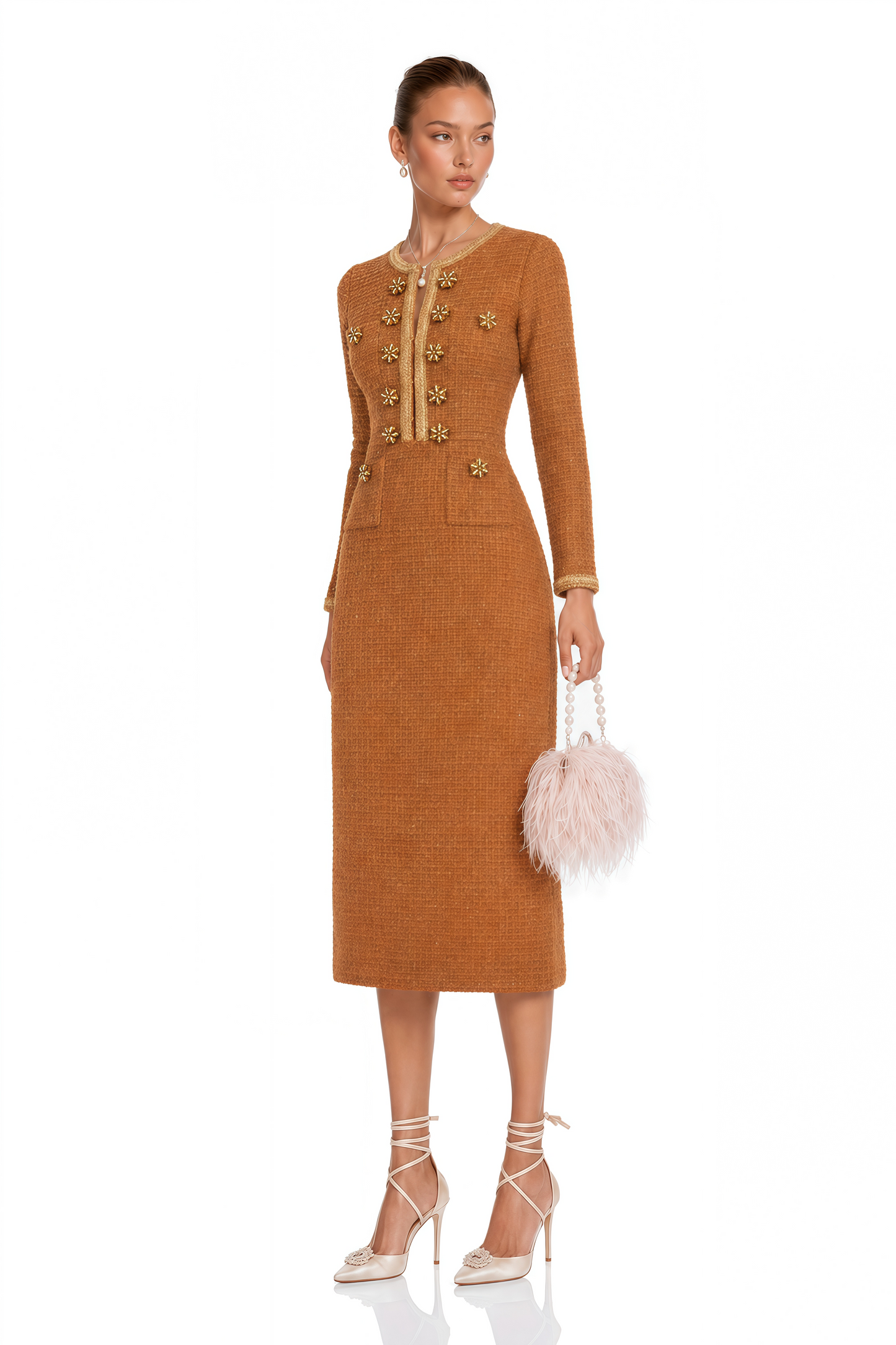 Epona Brown Braided-Edge Tweed Dress