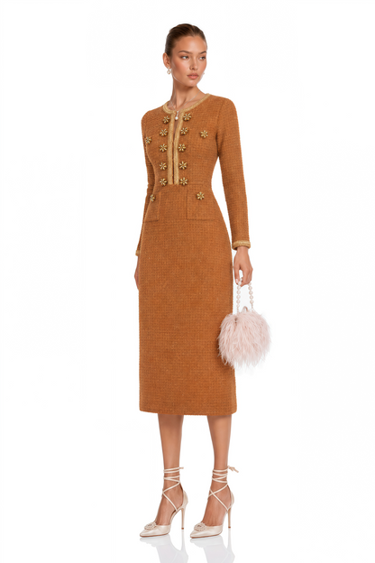 Epona Brown Braided-Edge Tweed Dress
