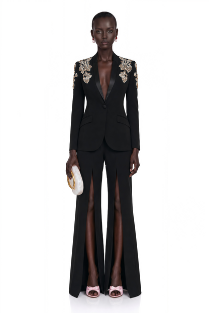 Delphine Black Embellished Jacket & Trousers Matching Set
