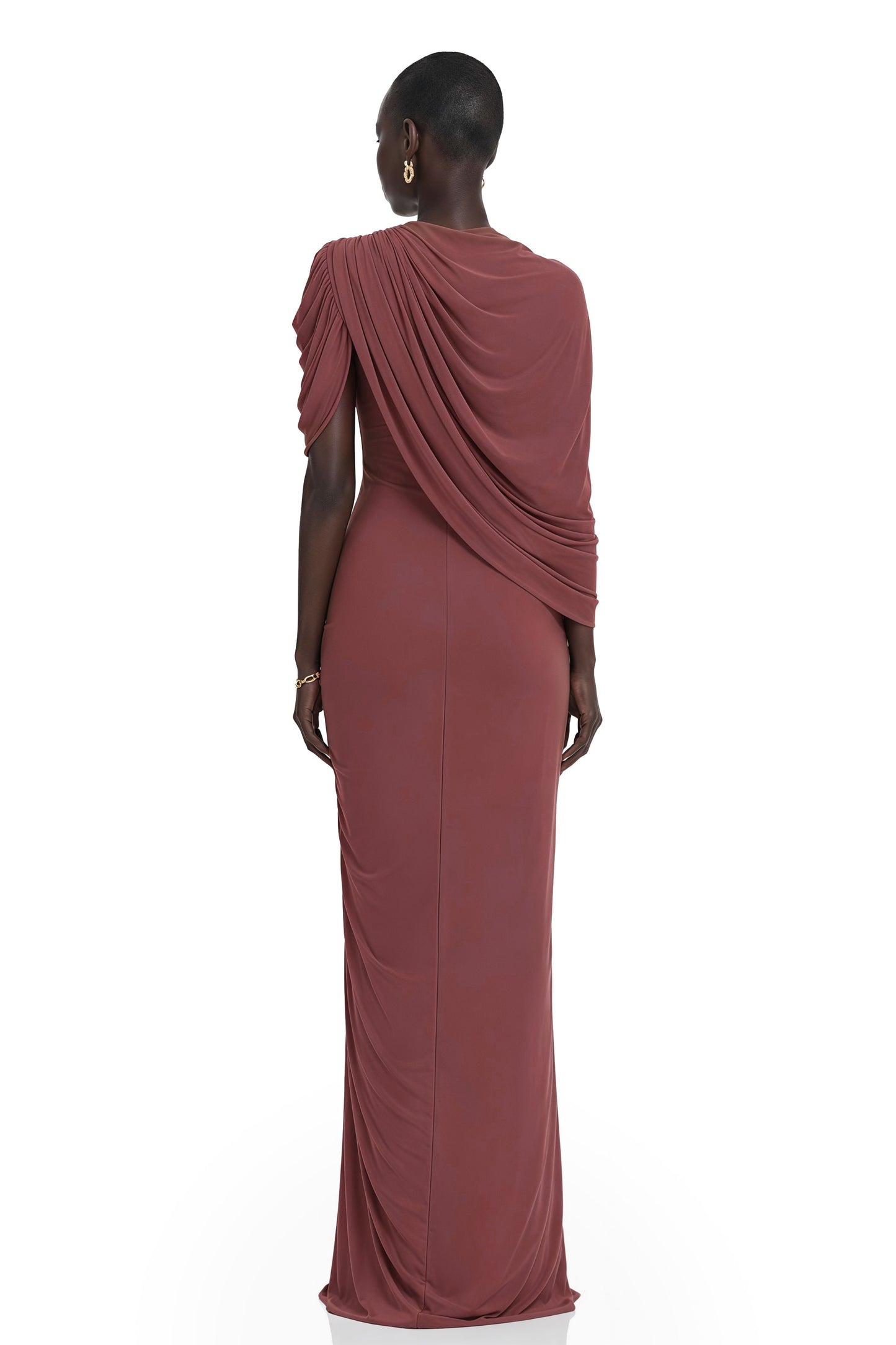 Liliana Brown Asymmetrical Ruched Cape Maxi Dress