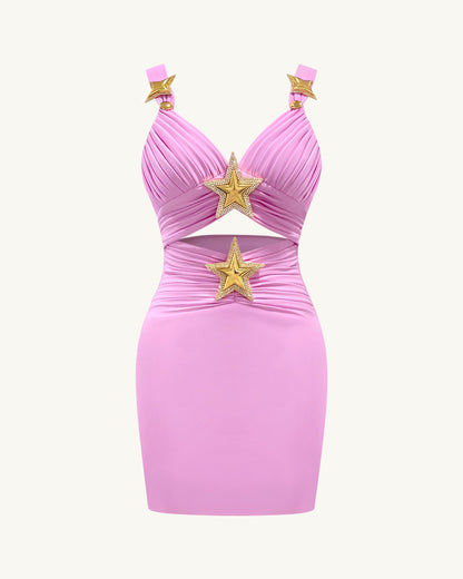 Mini Elbise ile Yıldız Desenli Detaylı - Pembe