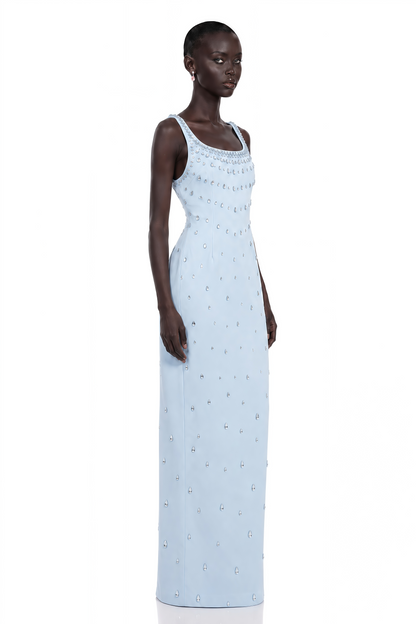 Meris Blue Crystal Embellished Maxi Gown