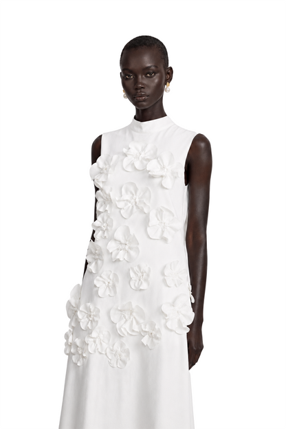 Magali White Sleeveless Maxi Dress with Faux Flower & Bow-Tie Embellishment