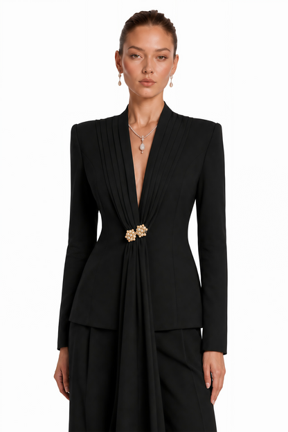 Suzanne Black Pleated Jacket & Trousers Matching Set