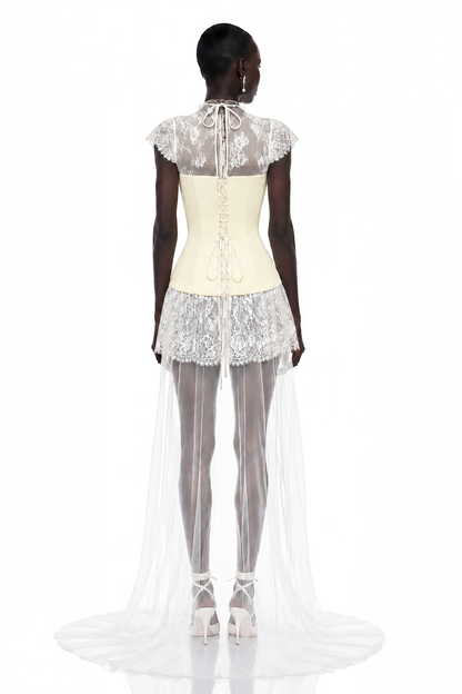 Michalina White Lace Convertible Gown with Detachable Skirt