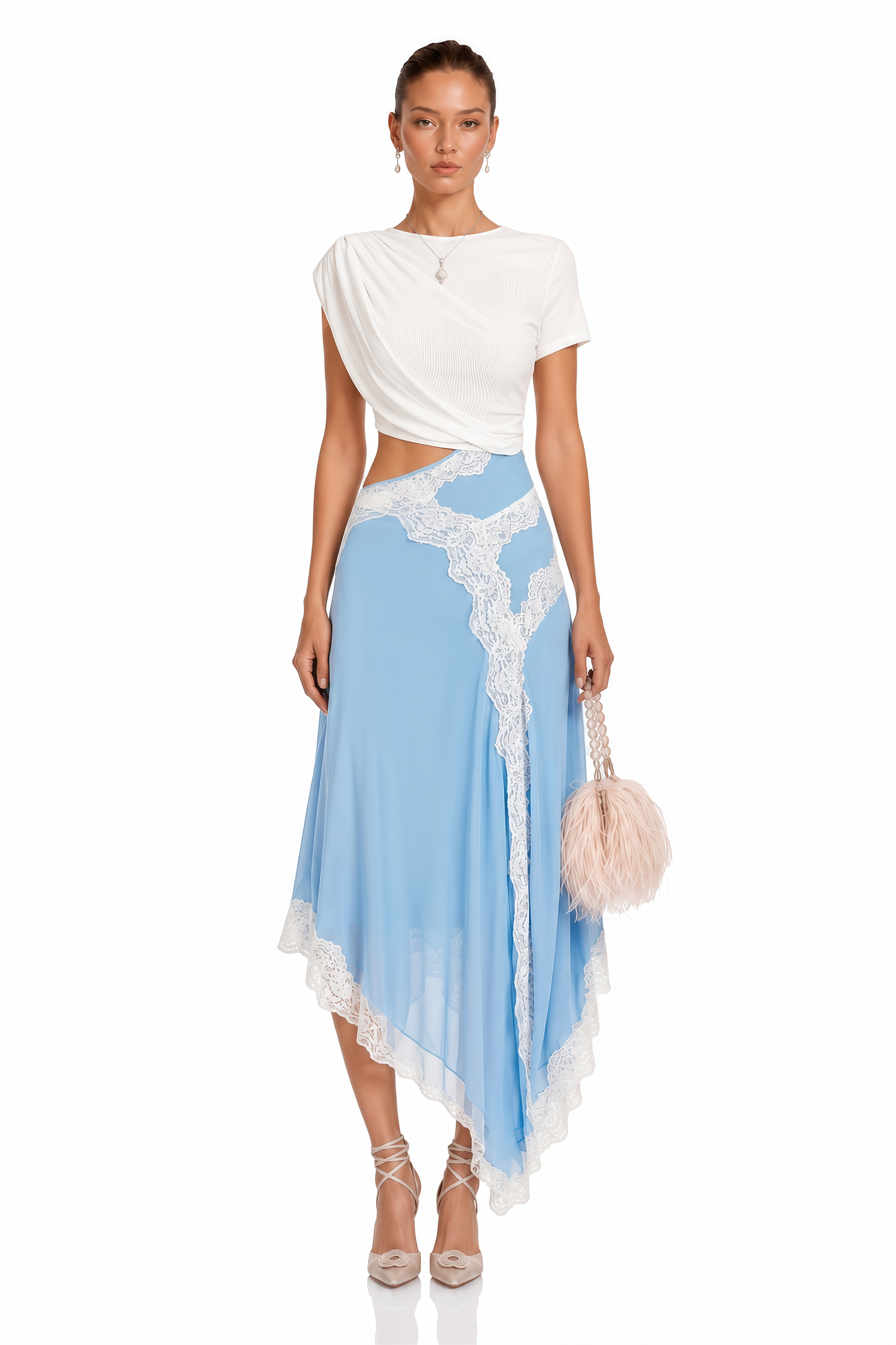 Fiamma Blue Gathered Lace Panel Maxi Dress