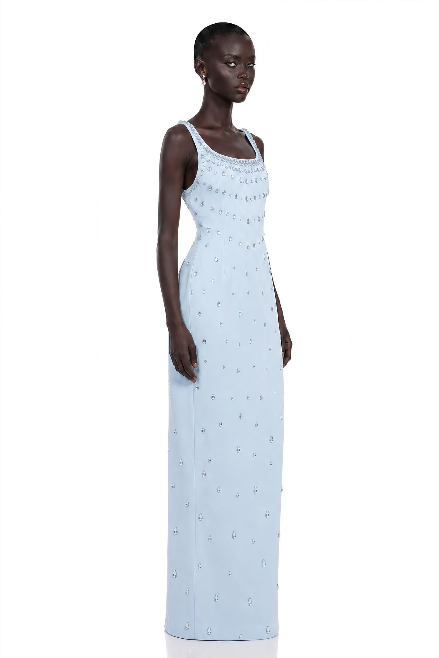 Meris Blue Crystal Embellished Maxi Gown