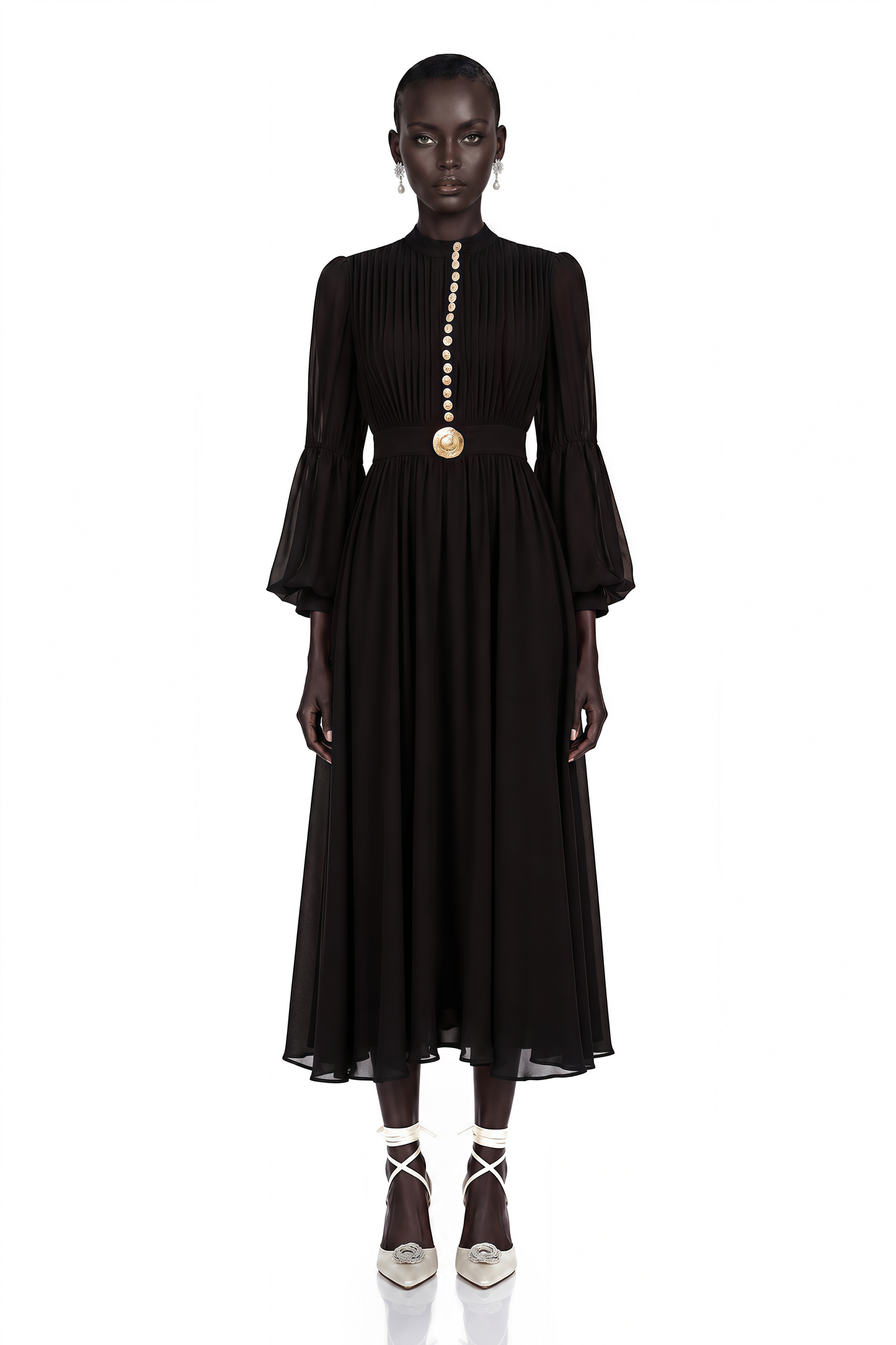 Viviane Black Pleated Button-Front Midi Dress