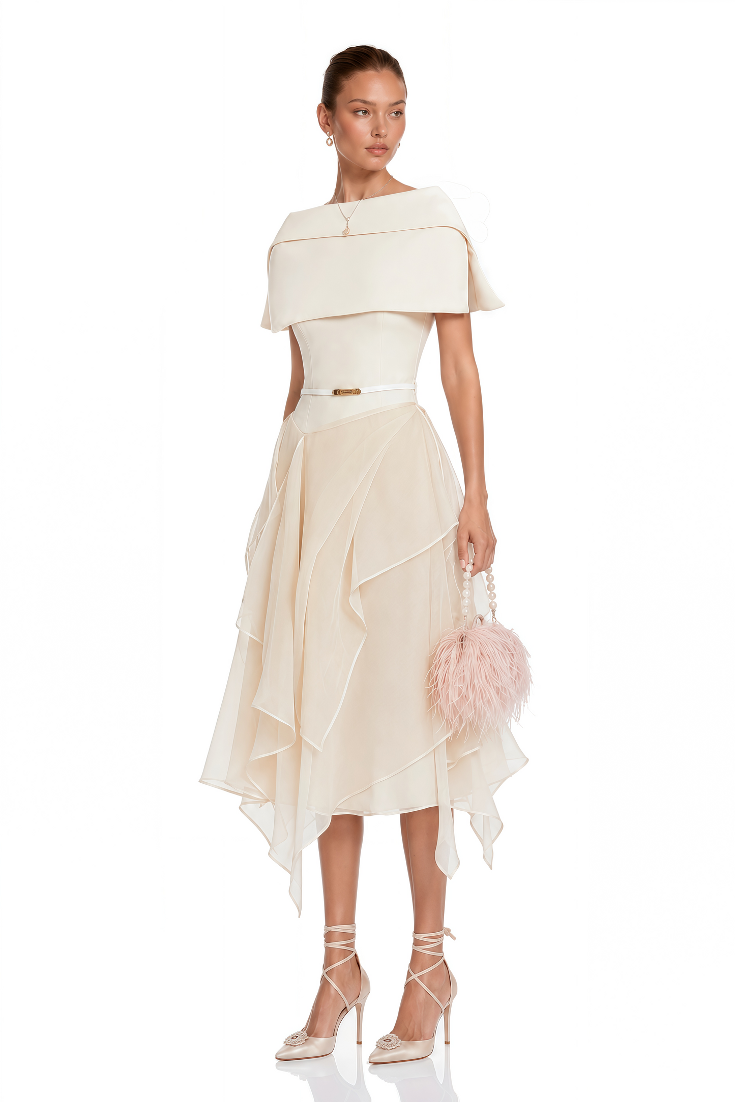 Aria White Asymmetrical Shawl & Tulle Panel Dress Set