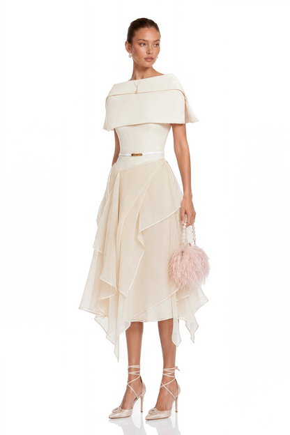Aria White Asymmetrical Shawl & Tulle Panel Dress Set