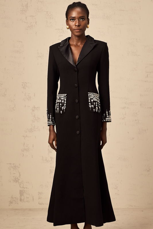 Diane siyah işlemeli maxi blazer elbise