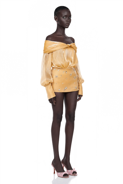 Adelina Gold Crystal-Embellished Paneled Mini Dress
