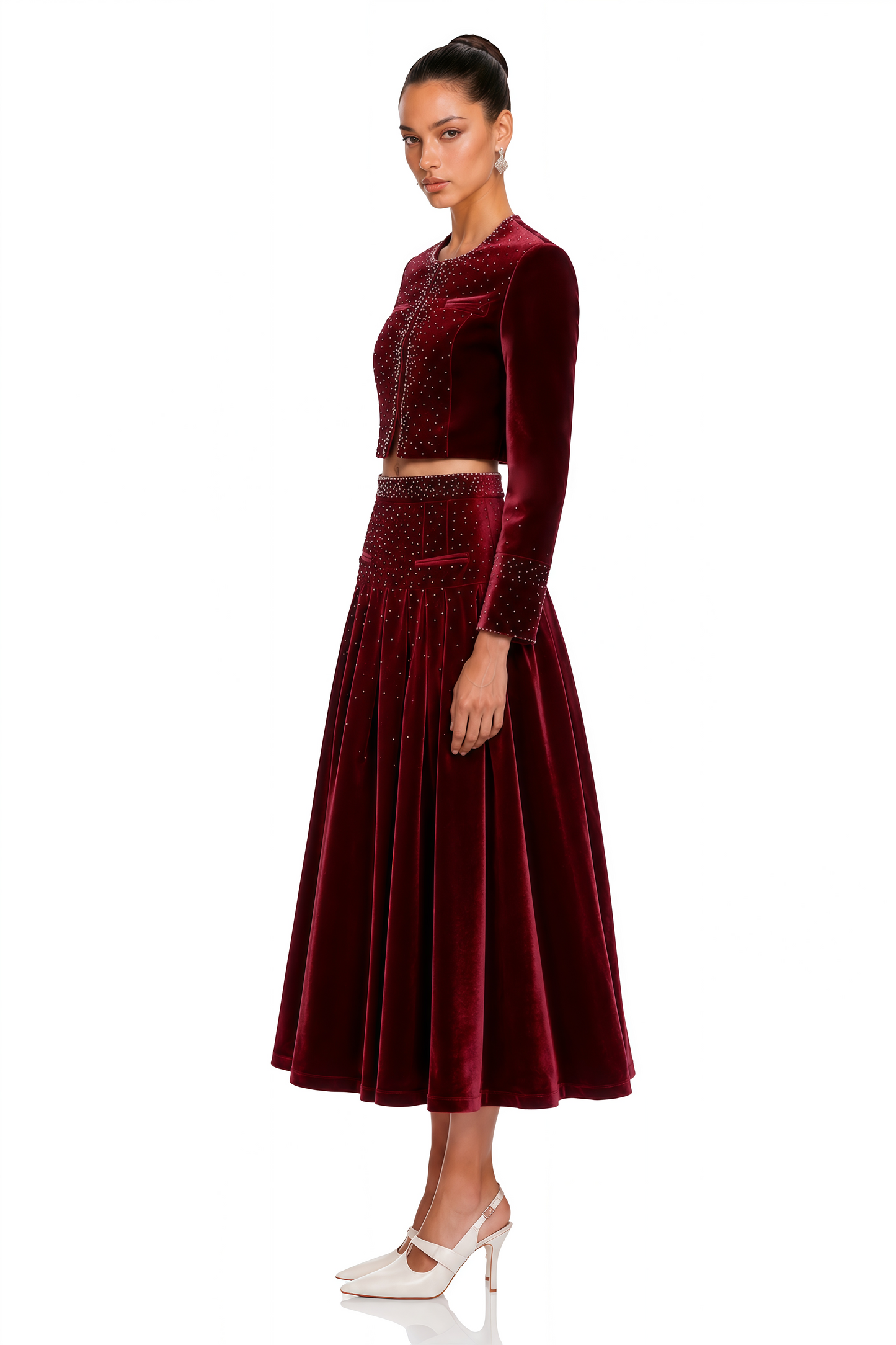 Candela Red Velvet Rhinestone Embellished Jacket & Skirt Set