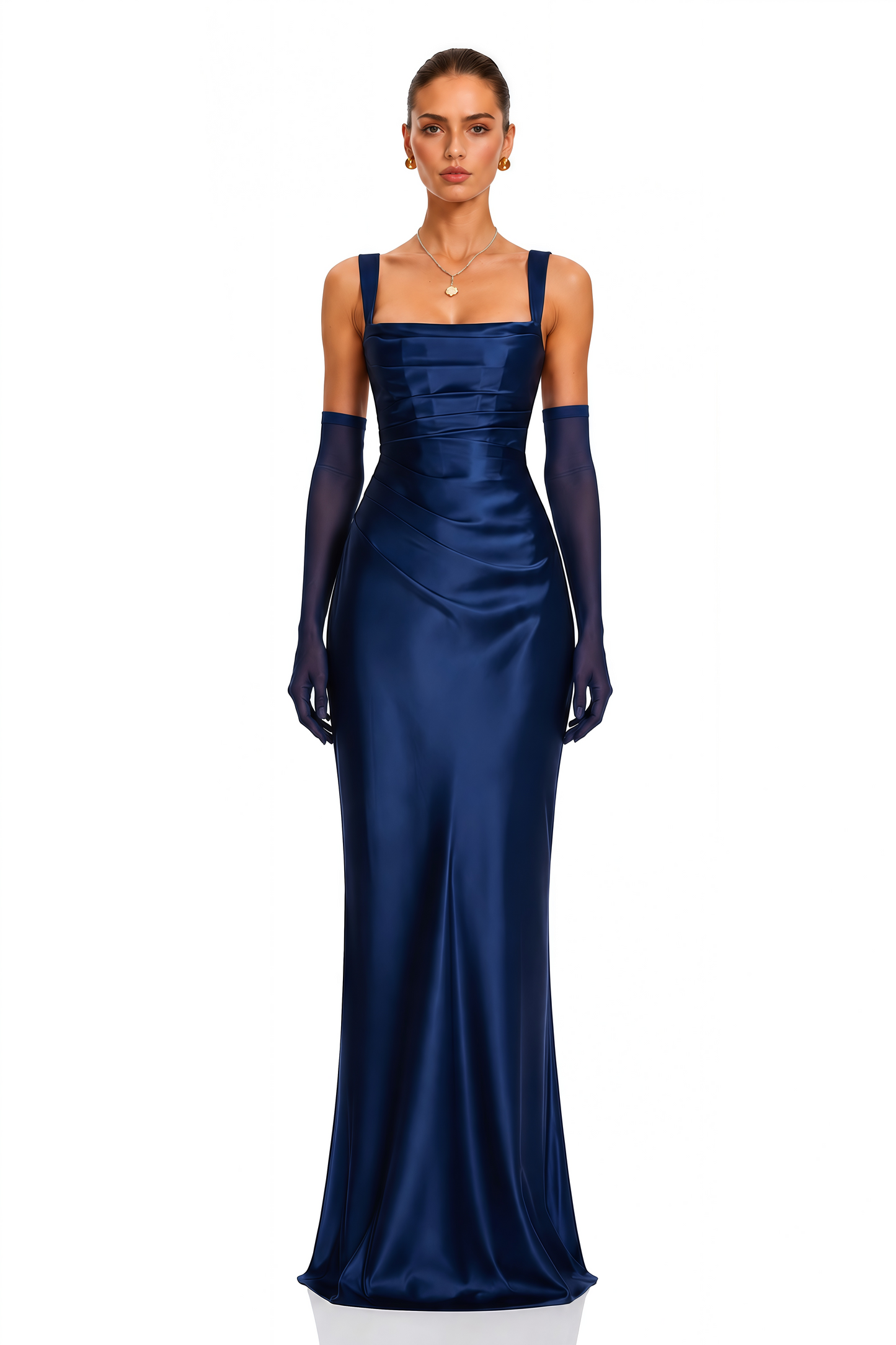 Inmaculada Sapphire Ruched Satin Maxi Dress (Without Gloves)