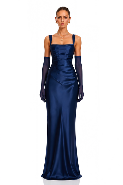 Inmaculada Sapphire Ruched Satin Maxi Dress (Without Gloves)