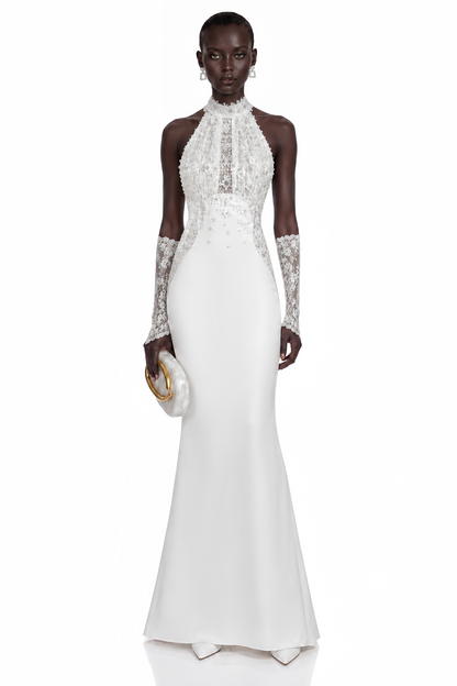 Isabelle White Turtleneck Sequin Ruched Maxi Dress (Without Gloves)