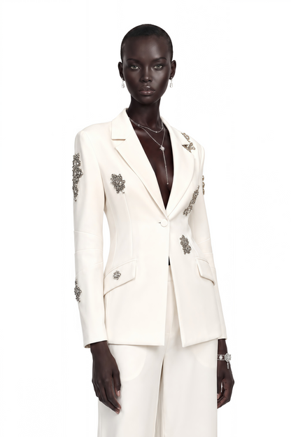 Edvige White Crystal-Embellished Blazer & Trousers Matching Set