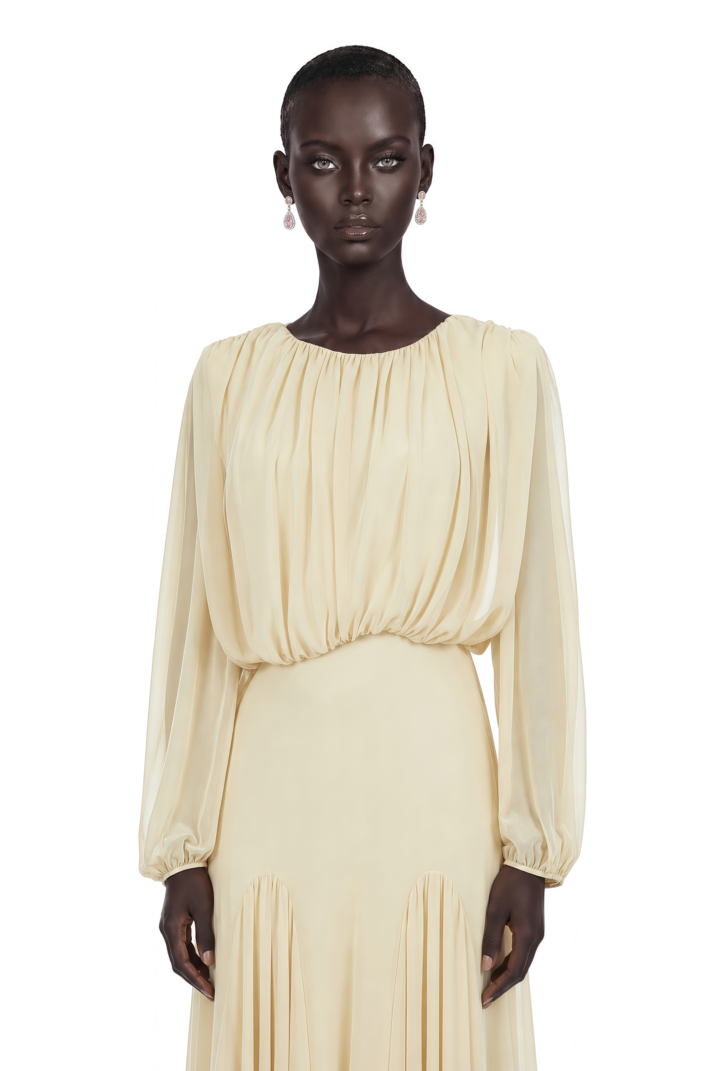 Annabelle Yellow Lantern Sleeve Pleated Maxi Dress