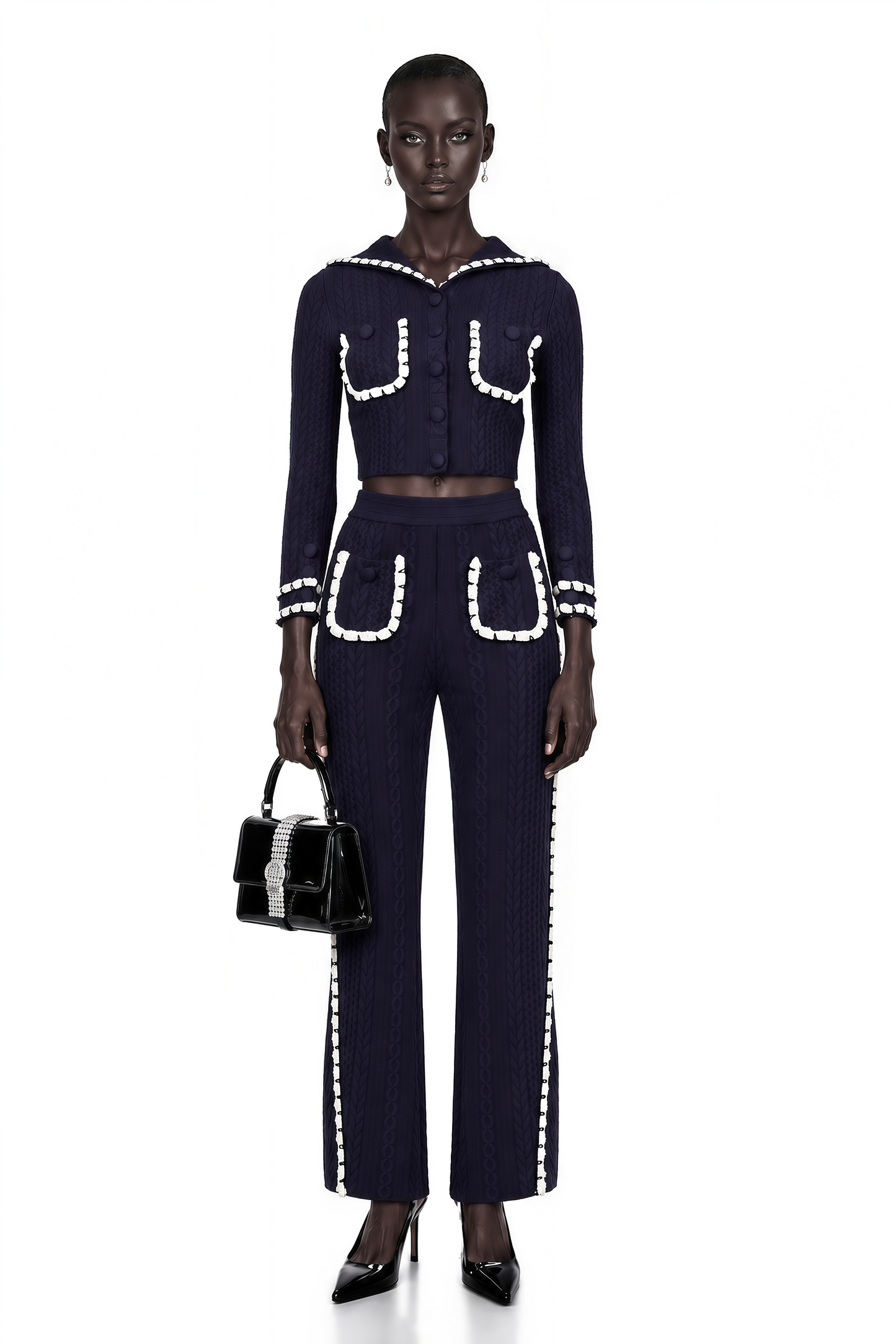 Elvira Navy Blue Crochet-Knit Cardigan & Trousers Matching Set
