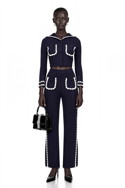 Elvira Navy Blue Crochet-Knit Cardigan & Trousers Matching Set
