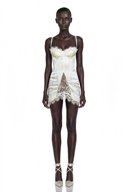 Juliette White Satin Mini Dress with Lace Panels