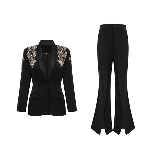 Delphine Black Embellished Jacket & Trousers Matching Set