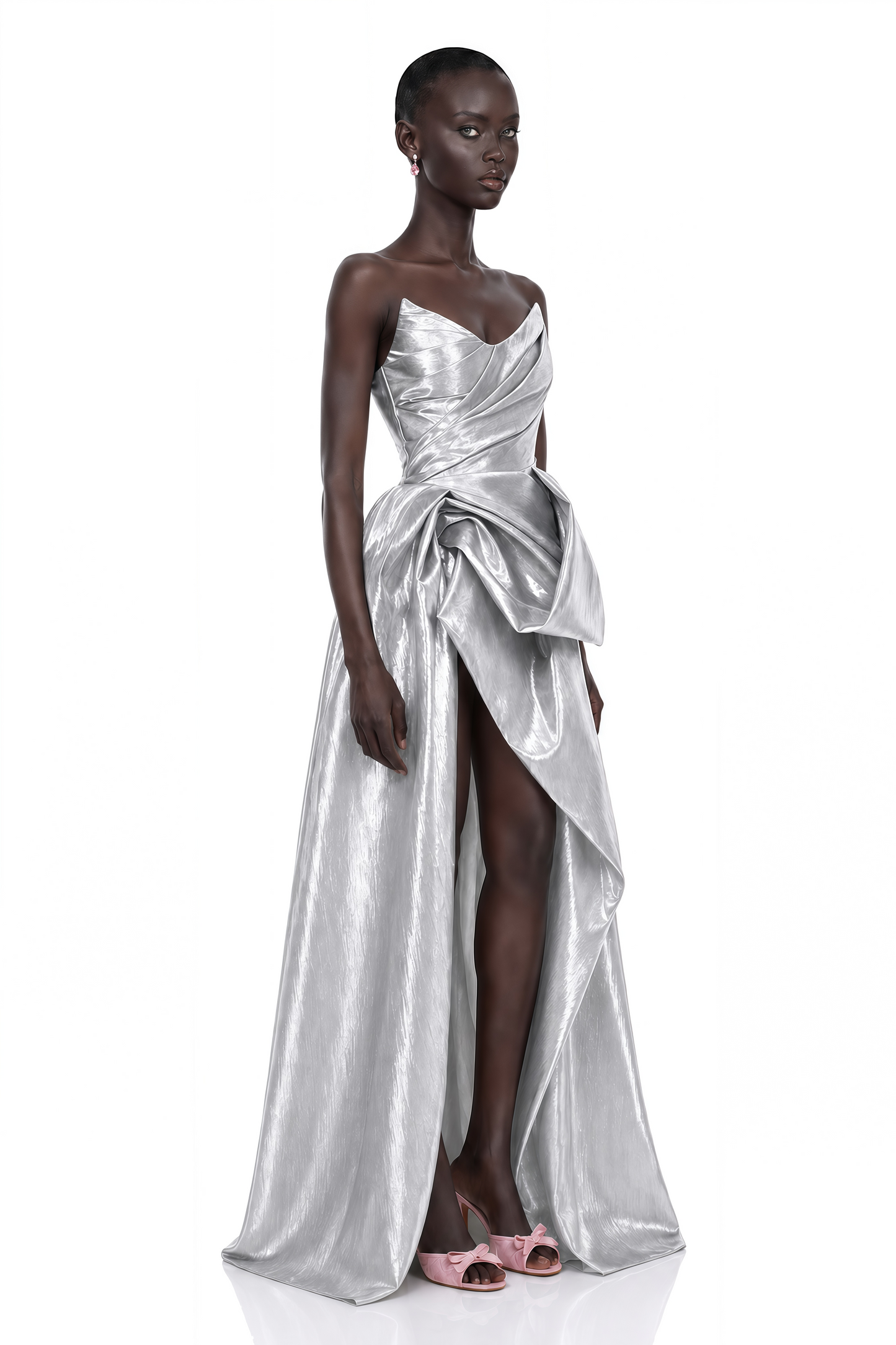 Adina Silver Glossy Asymmetrical Ruched Gown