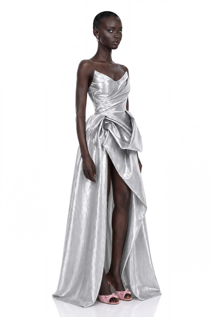 Adina Silver Glossy Asymmetrical Ruched Gown