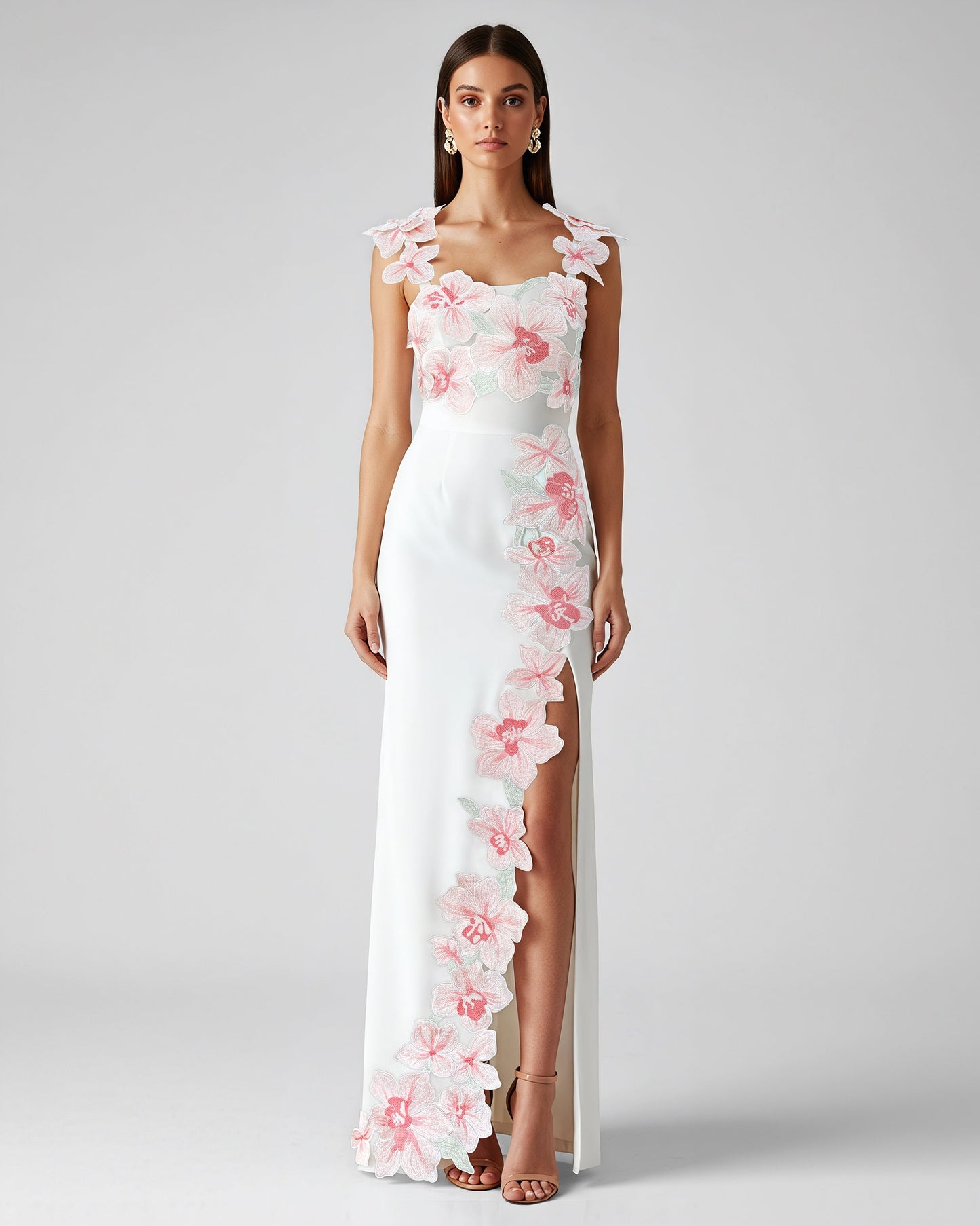 Çiçek Desenli Nakışlı Elbise - White/Pink