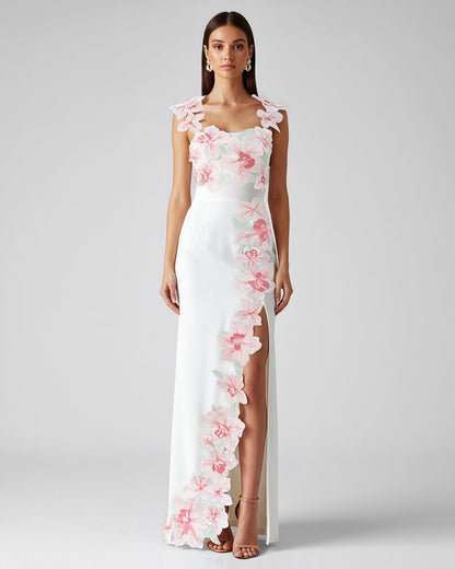 Çiçek Desenli Nakışlı Elbise - White/Pink