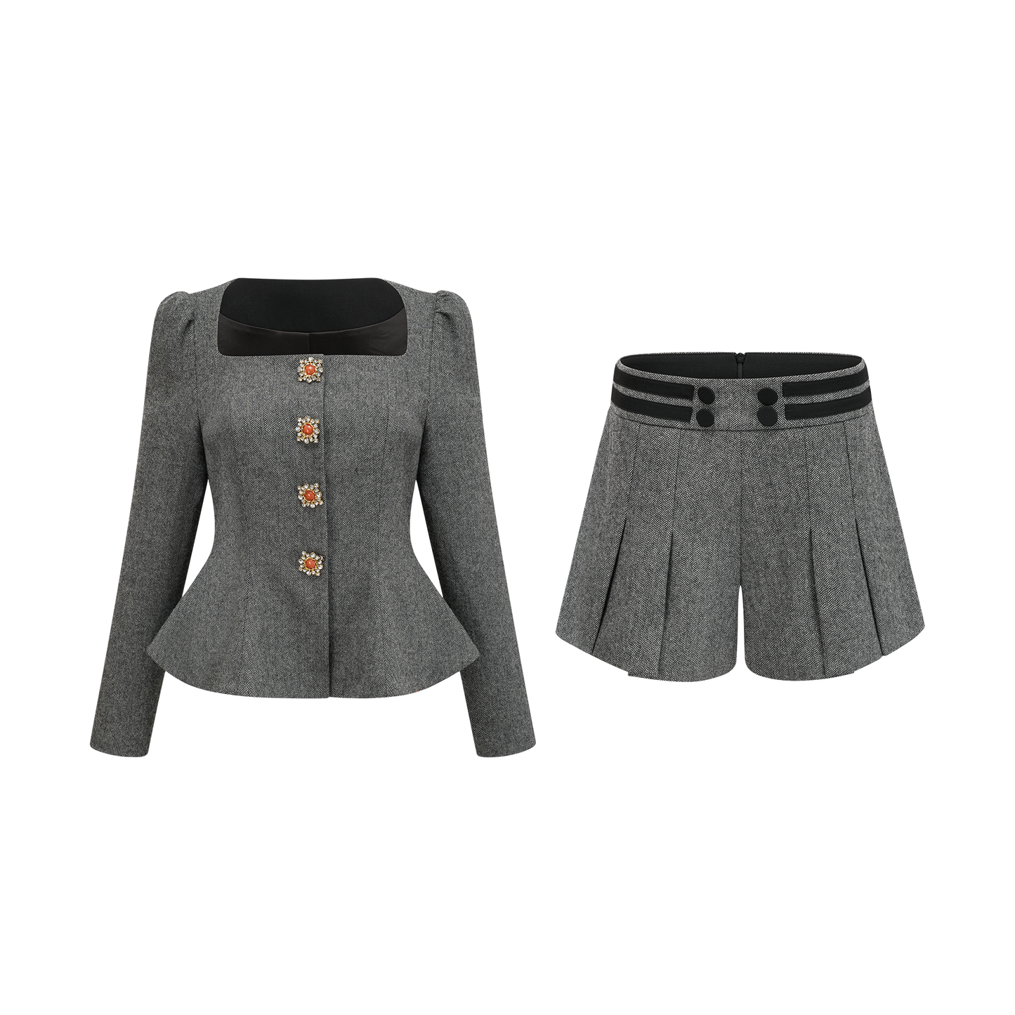 Agathe Grey Herringbone Top & Shorts Matching Set