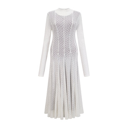 Athena Wavy-Pattern Lace Maxi Dress in White