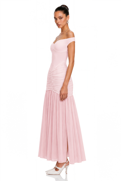 Geneviève Pink Off Shoulder Ruched Maxi Dress