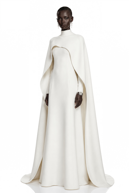 Antonina White Cape Maxi Gown with Long Sleeves