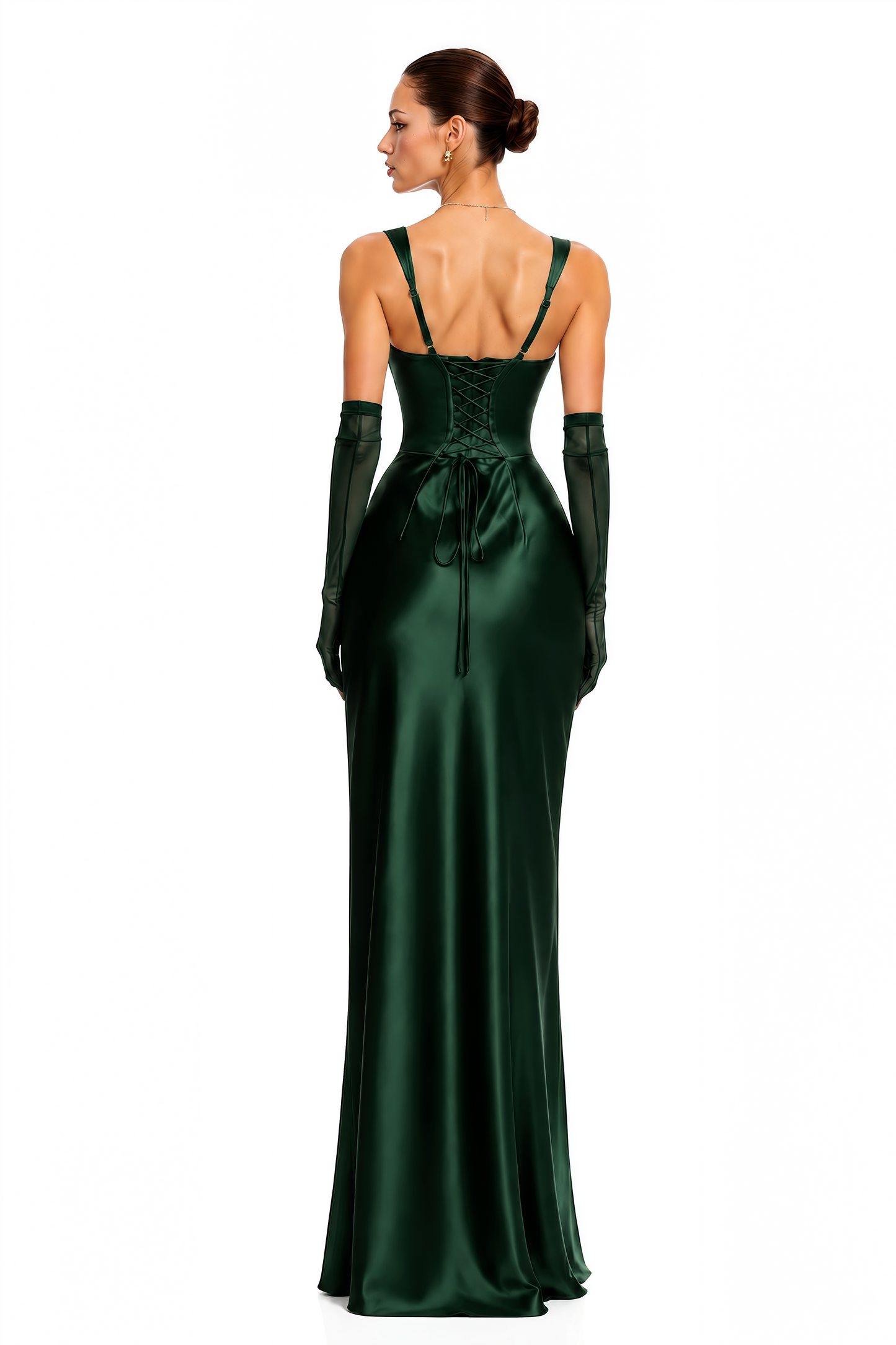 Inmaculada Emerald Ruched Satin Maxi Dress (Without Gloves)