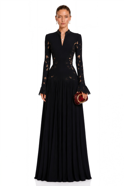 Chiara Black Lace Panel Pleated Midi Dress