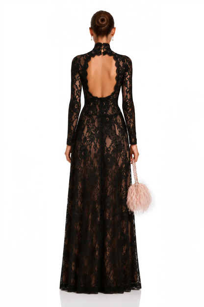 Kenza Black Cut Out Floral Lace Maxi Dress