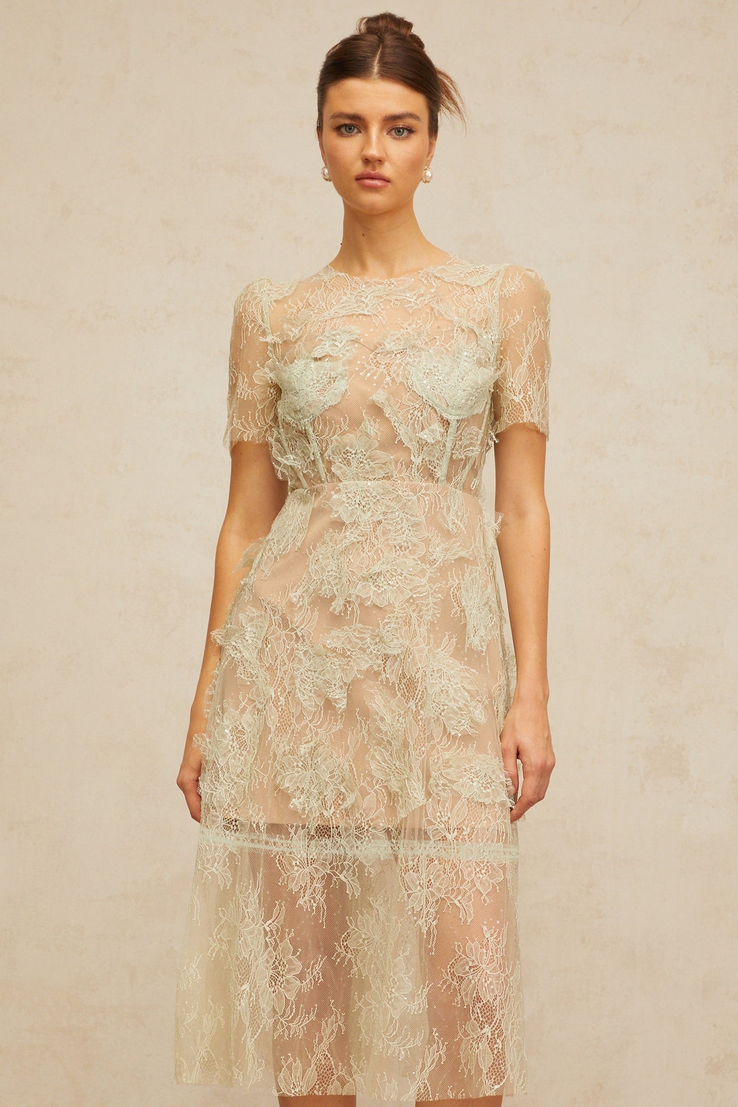 Xaviera mint-green floral-lace midi dress