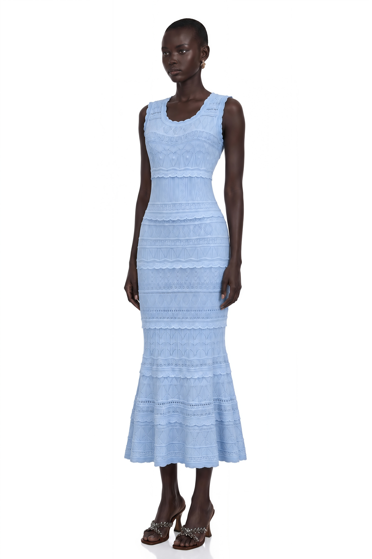 Mailys Blue Ruffled-Trim Crochet-Knit Midi Dress