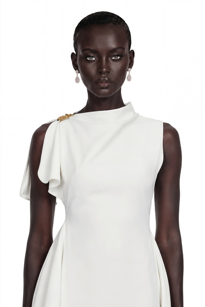 Liana White Asymmetrical Flared Midi Dress