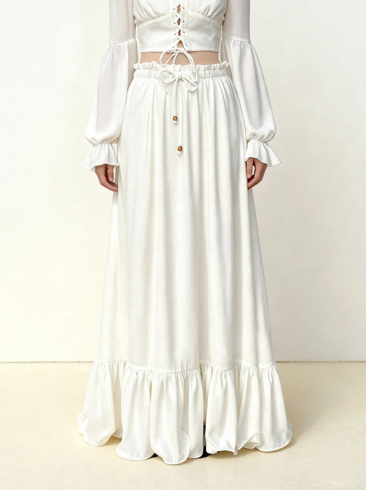Drawstring Chiffon Maxi Skirt - White