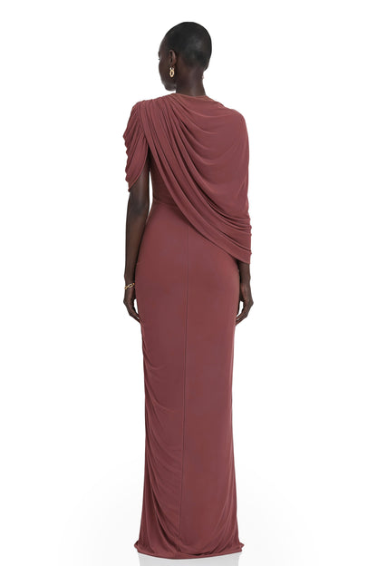 Liliana Brown Asymmetrical Ruched Cape Maxi Dress