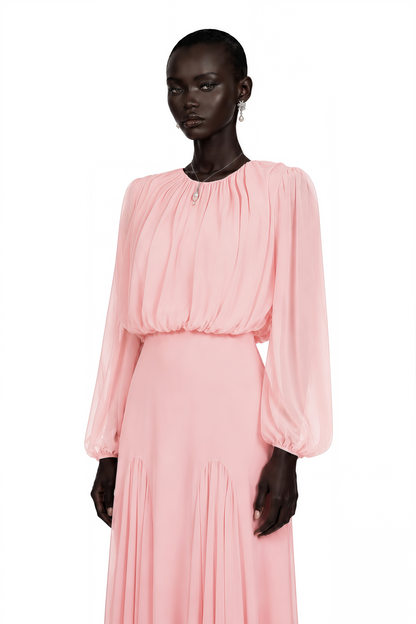 Annabelle Pink Lantern Sleeve Pleated Maxi Dress