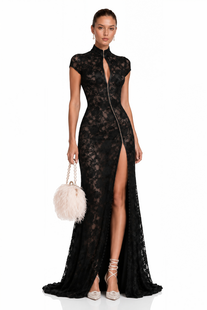 Andrea Black Keyhole Lace Maxi Dress with High Thigh Slit