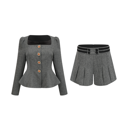 Agathe Grey Herringbone Top & Shorts Matching Set