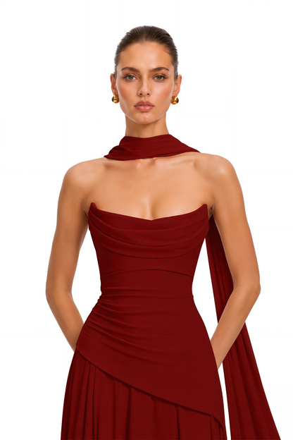 Romane Burgundy Strapless Corset Chiffon Maxi Dress