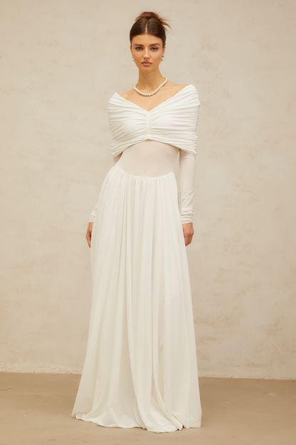 Vérane Beyaz Drape Detaylı Dantelli Maxi Elbise