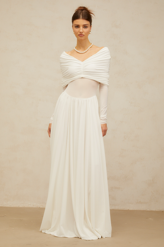 Vérane Beyaz Drape Detaylı Dantelli Maxi Elbise