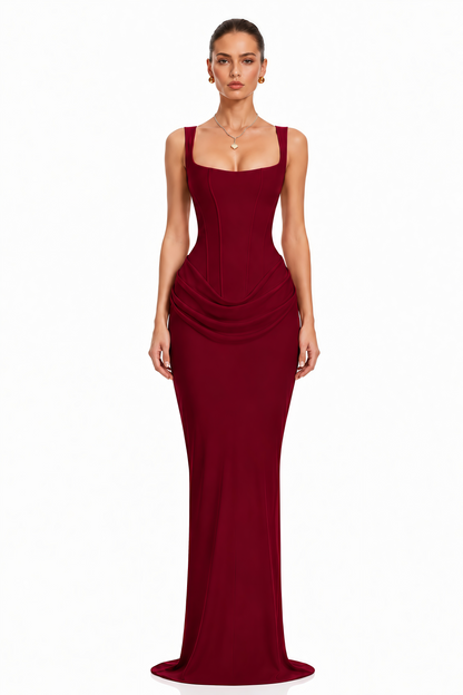 Paulette Red Ruched Corset Maxi Dress