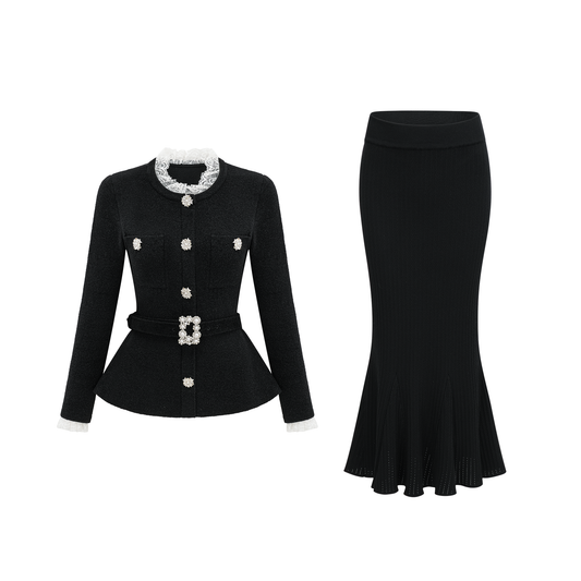Ellinor Black Embellished Knit Top & Skirt Set